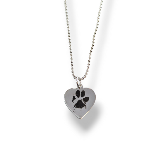 Engraved Paw Print Heart Necklace